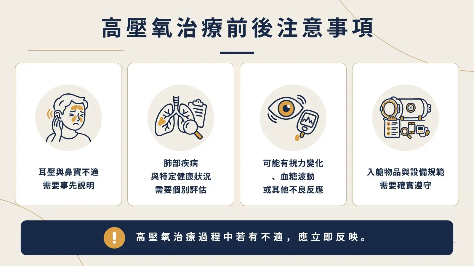 高壓氧治療前，需要由醫師評估病史、用藥；入艙前須遵守物品和設備規範；過程中有不適請即時反映。